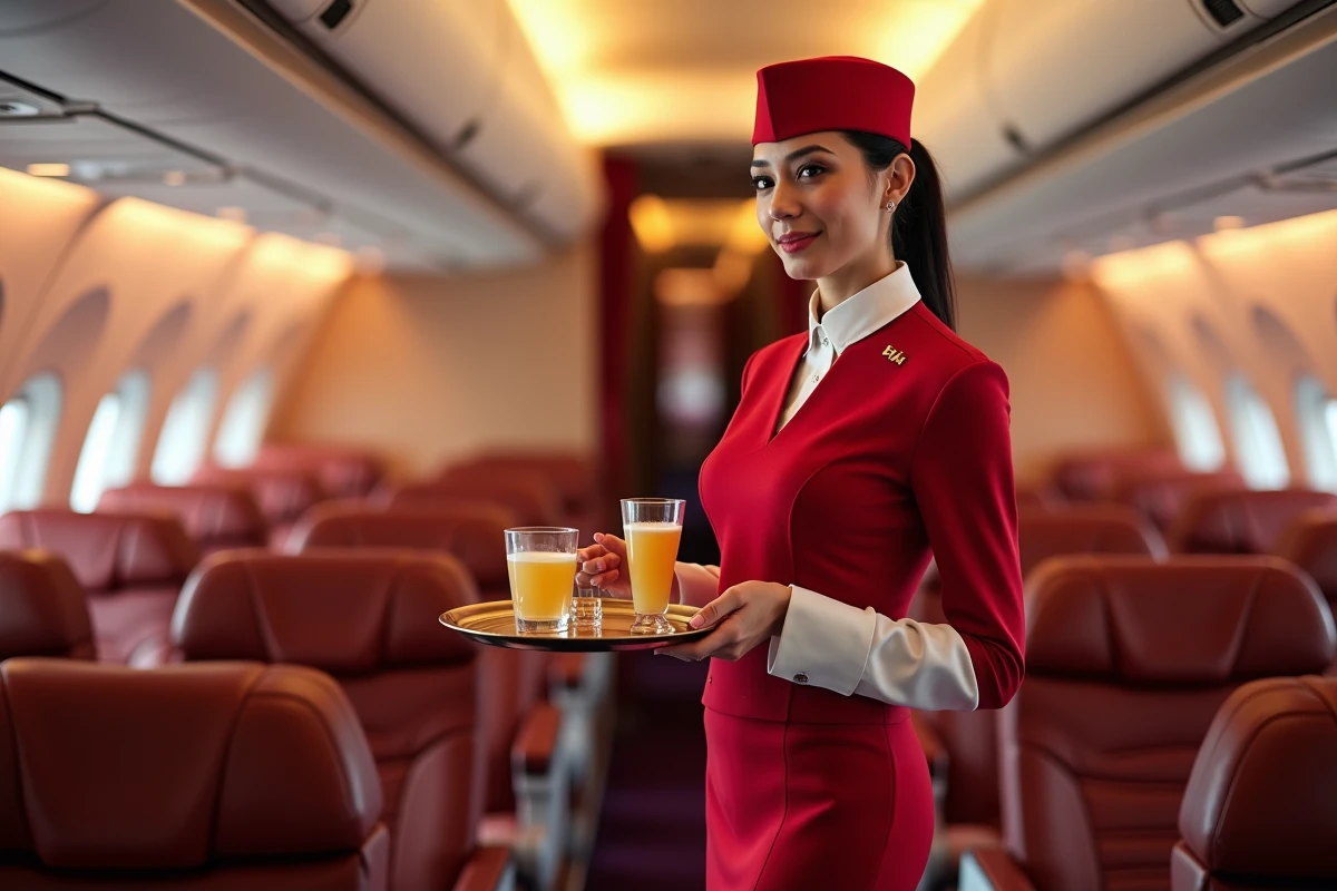 Hôtesse de l'air Emirates servant un passager en classe affaires à bord d'un avion