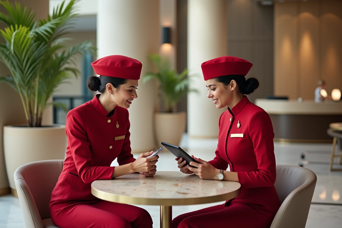 Deux hôtesses de l'air Emirates en pause dans un hôtel de luxe à Dubaï lors d'une escale