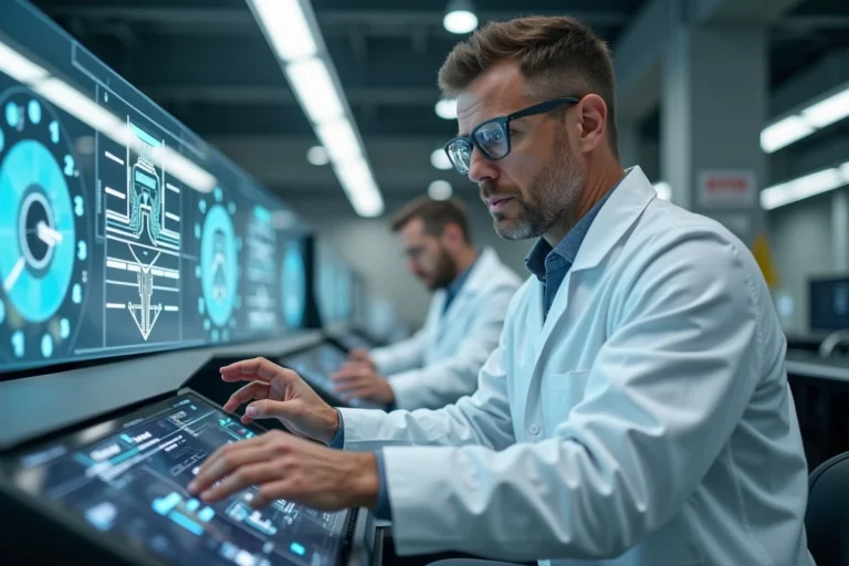 Ingénieur automobile examinant un tableau de bord électrique connecté dans un laboratoire de recherche technologique moderne