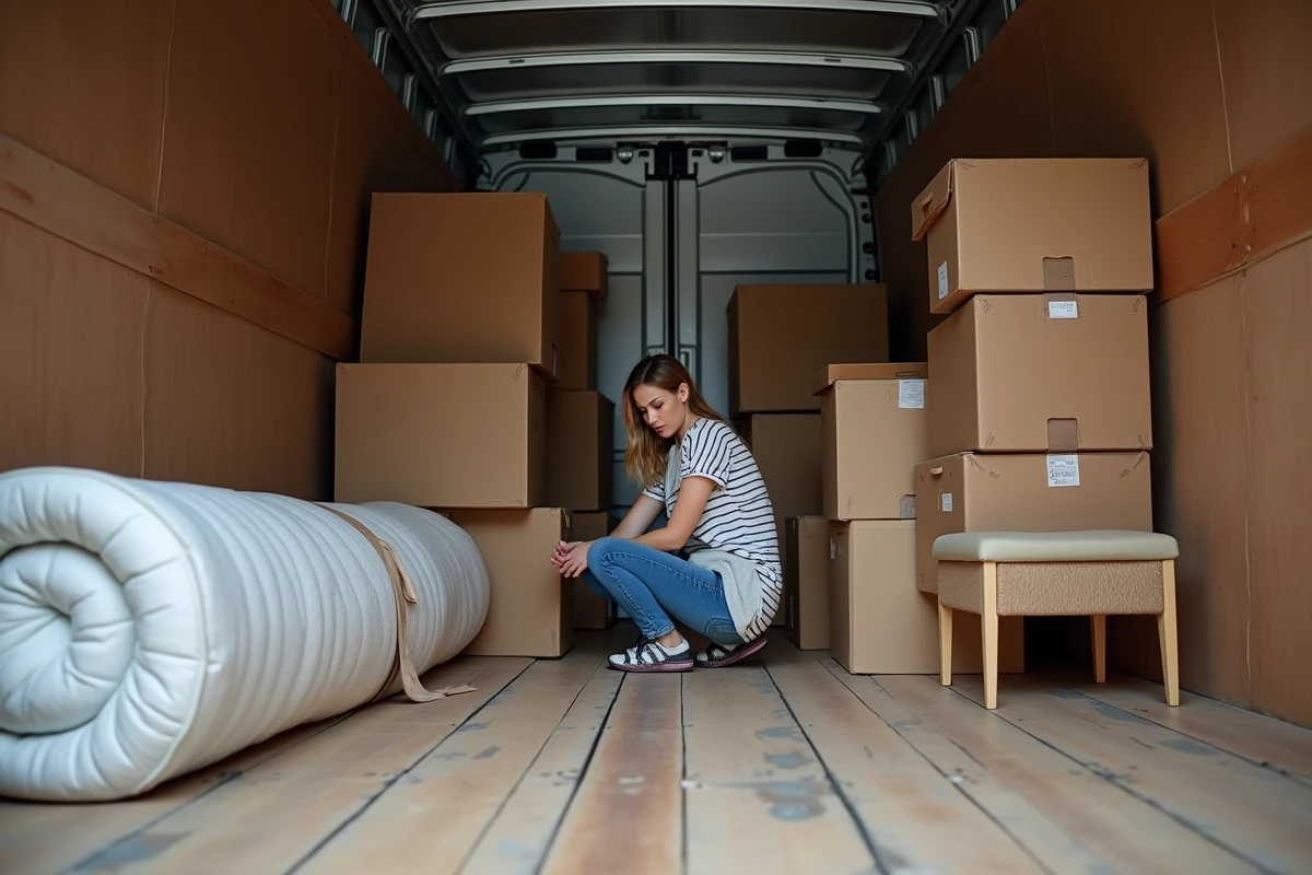 Intérieur d'un camion 4m3 chargé avec cartons, matelas et meubles pour un déménagement organisé