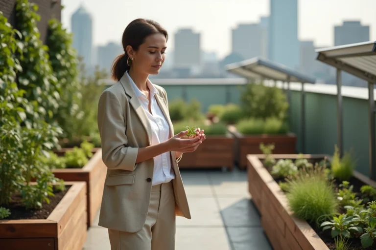 Femme en vêtements écologiques inspectant des plantations dans un jardin urbain sur toiture avec panneaux solaires