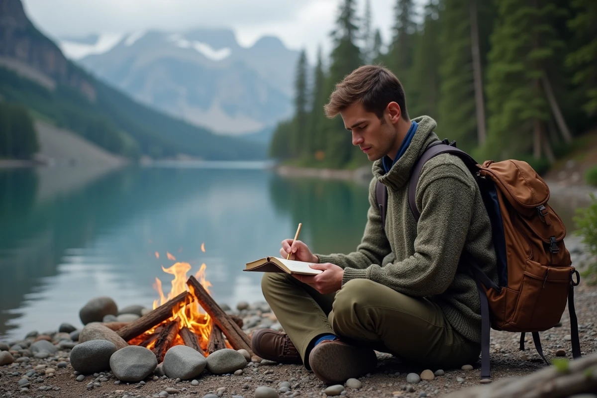 Jeune homme au bord du lac en forêt
