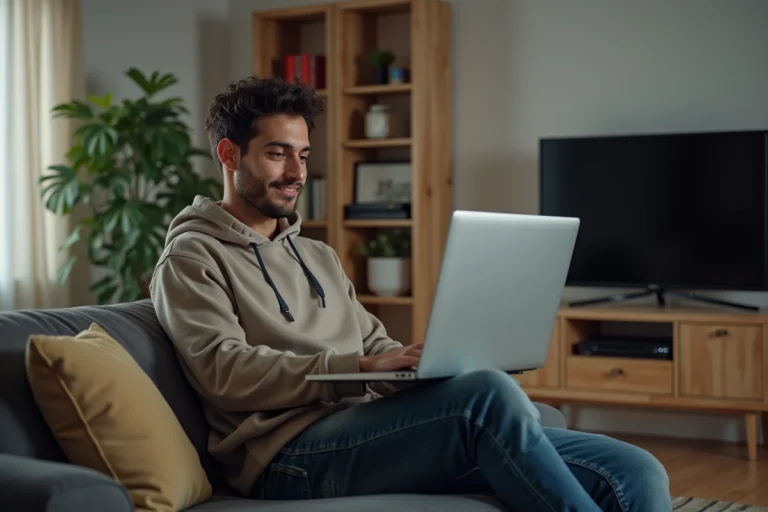 Jeune homme sur son ordinateur dans un salon moderne
