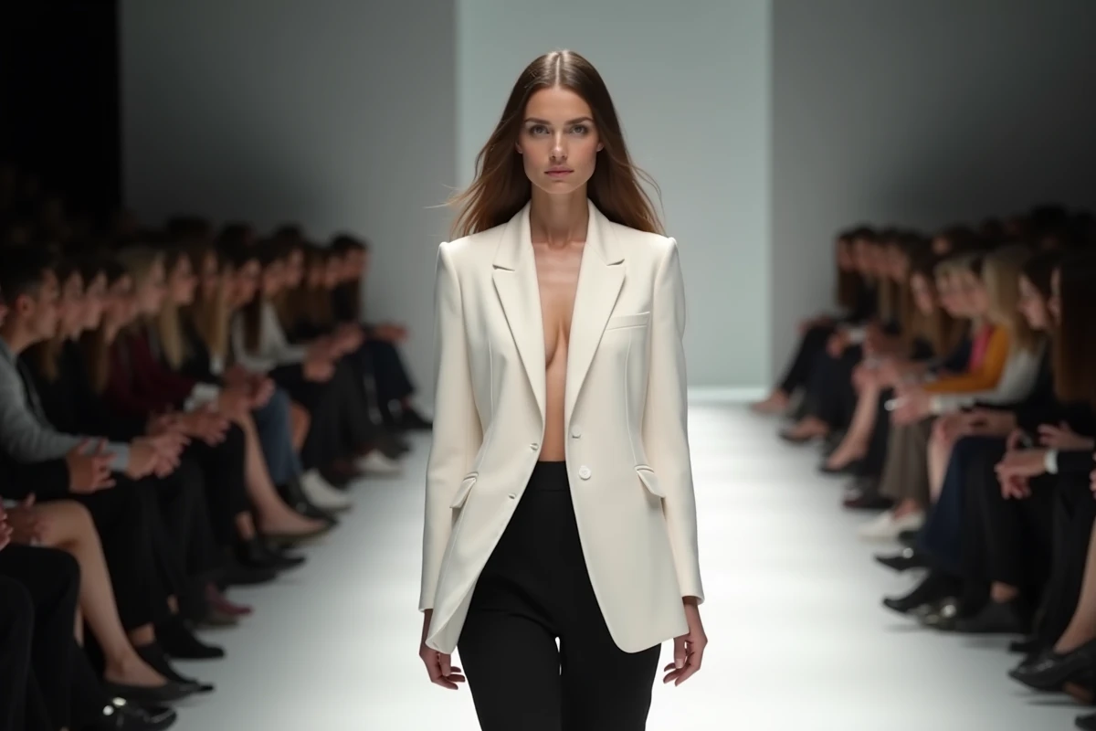 Mannequin élégante marchant sur un podium de défilé haute couture représentant la carrière de Kendall Jenner dans l'univers de la mode