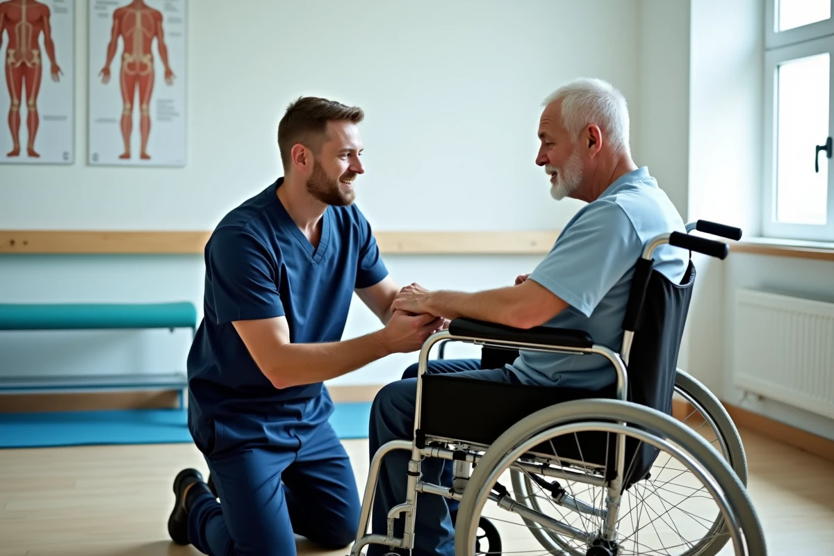 Kinésithérapeute aidant un senior en fauteuil roulant lors d'une séance de rééducation après fracture du bassin