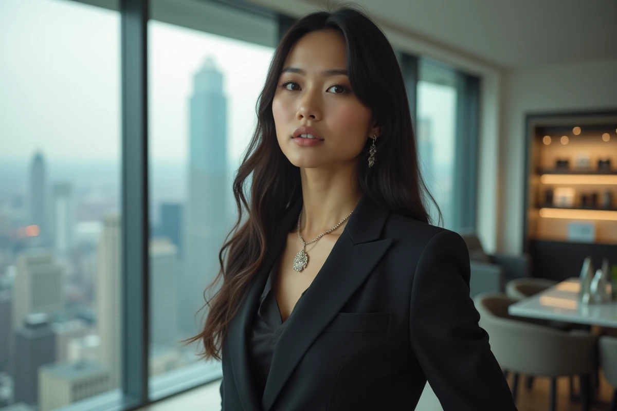 Femme d'affaires influente en tenue de créateur dans un bureau penthouse symbolisant la double carrière de mannequin et d'entrepreneuse de Kylie Jenner