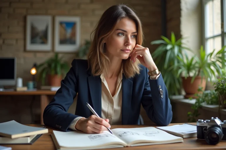 Portrait d'une femme talentueuse et polyvalente dans son studio parisien, entourée de carnets de notes et d'une caméra vintage