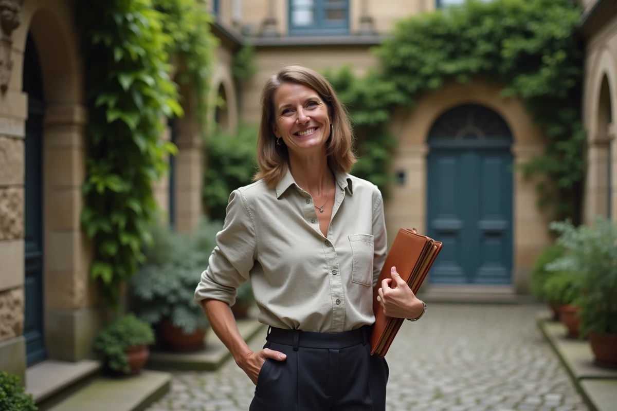Femme créative et souriante tenant un journal en cuir dans une cour parisienne pavée aux murs de pierre couverts de lierre