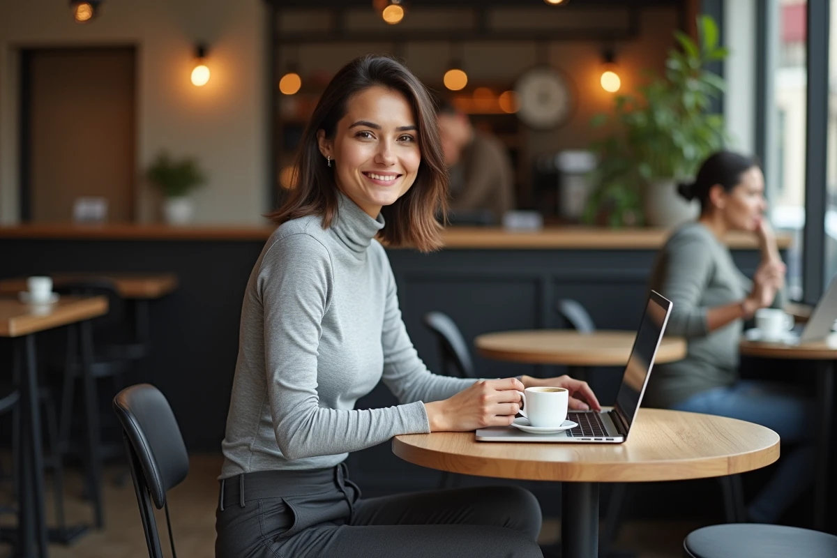 Femme professionnelle concentrée sur son ordinateur portable dans un café parisien moderne, illustrant une biographie de femme aux multiples talents