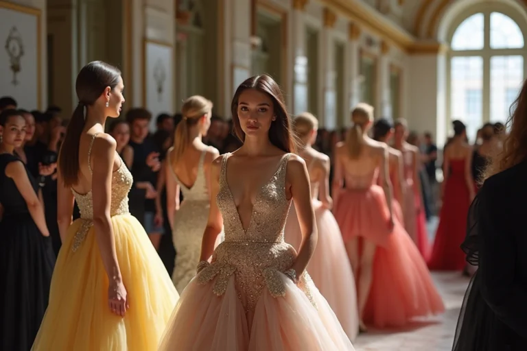 Coulisses d'un défilé de haute couture avec des mannequins en robes élégantes illustrant le classement des mannequins les mieux payés en 2025