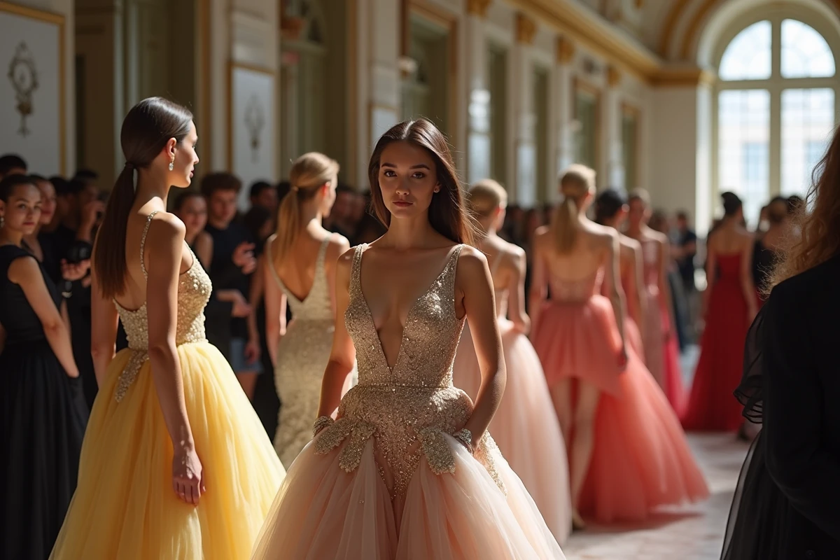 Coulisses d'un défilé de haute couture avec des mannequins en robes élégantes illustrant le classement des mannequins les mieux payés en 2025