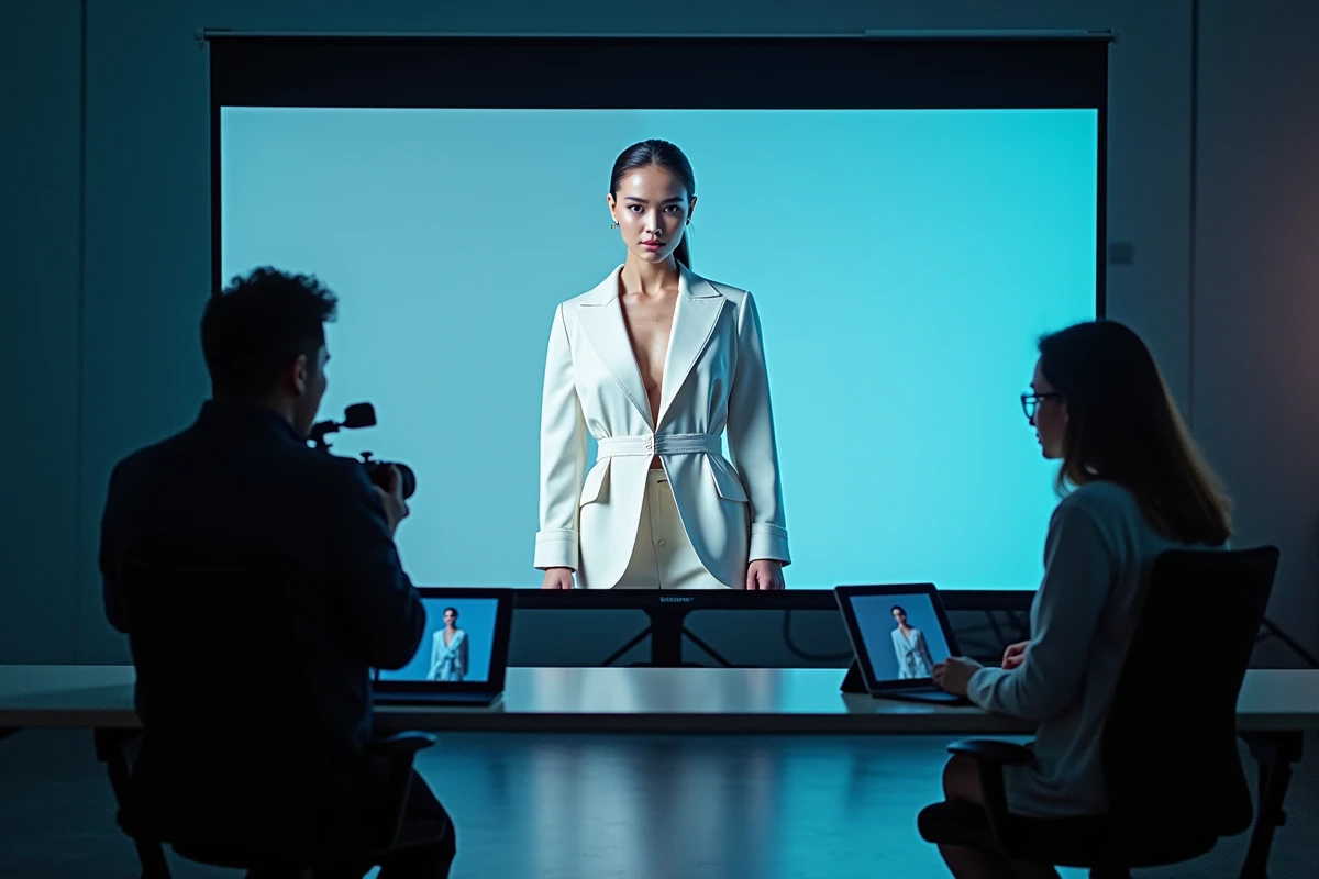 Avatar numérique de mannequin virtuel affiché sur un écran de studio technologique avec des développeurs travaillant sur l'IA générative illustrant la menace des mannequins virtuels pour l'industrie de la mode