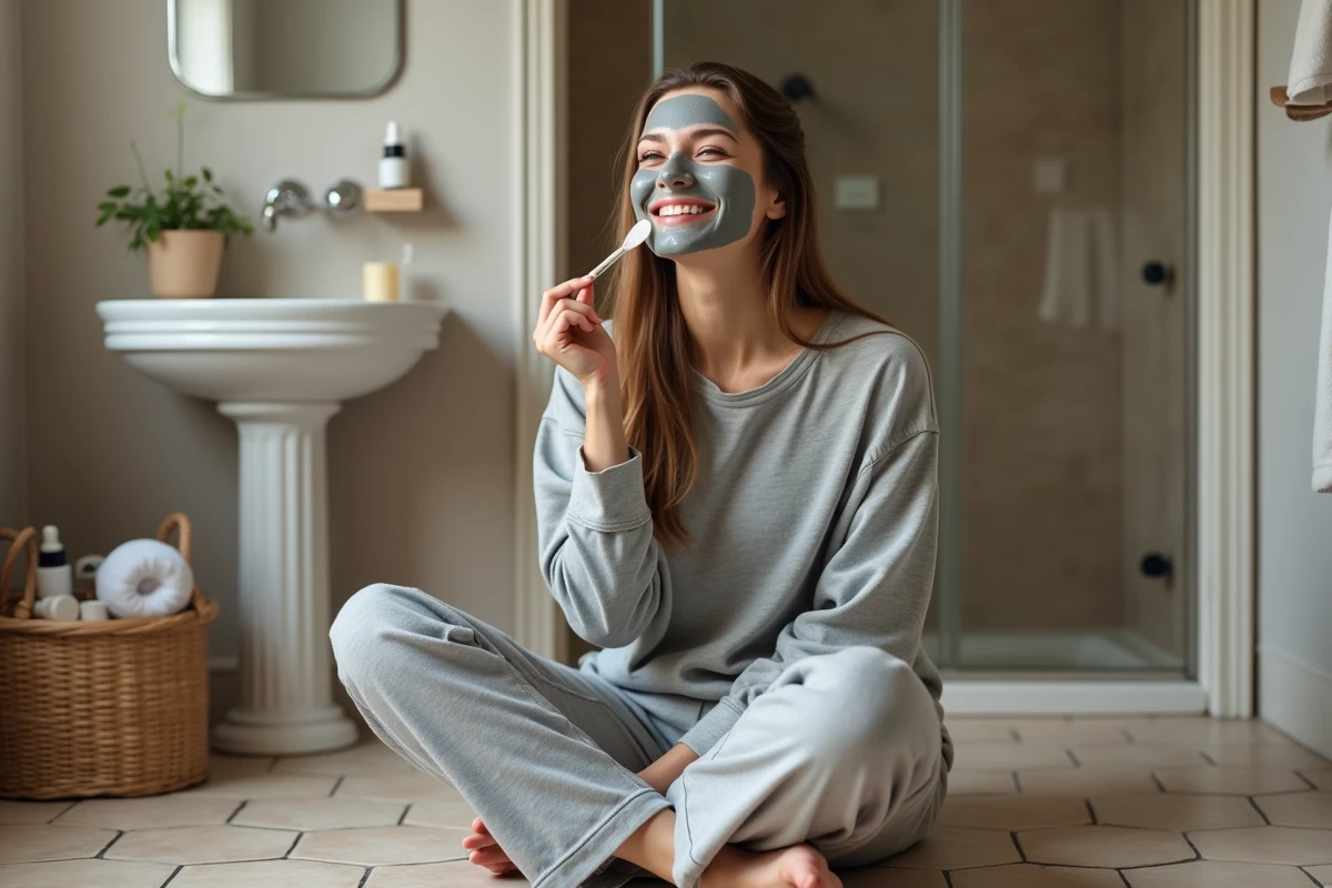 Jeune femme appliquant un masque à l'argile sur le visage assise sur le sol d'une salle de bain cosy dans une ambiance bien-être détendue