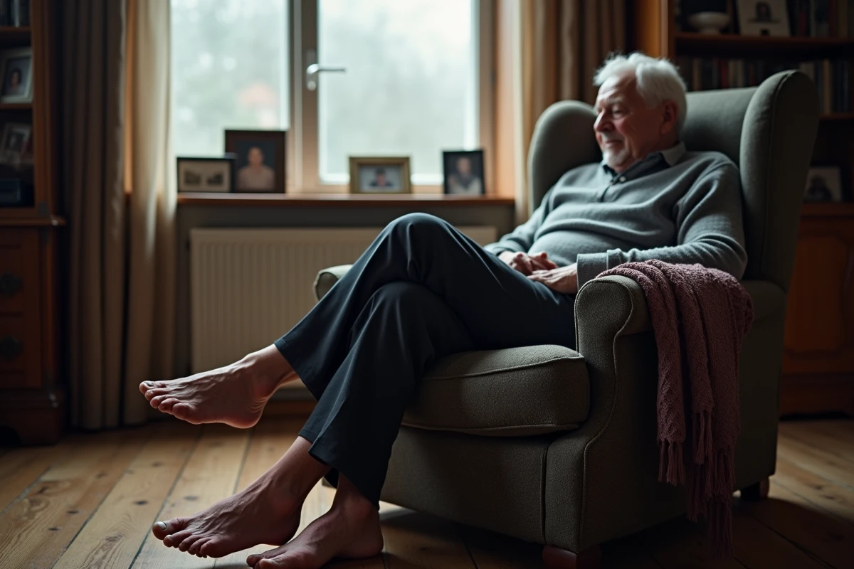 Peau marbrée sur les jambes d'un homme âgé assis dans un fauteuil à domicile