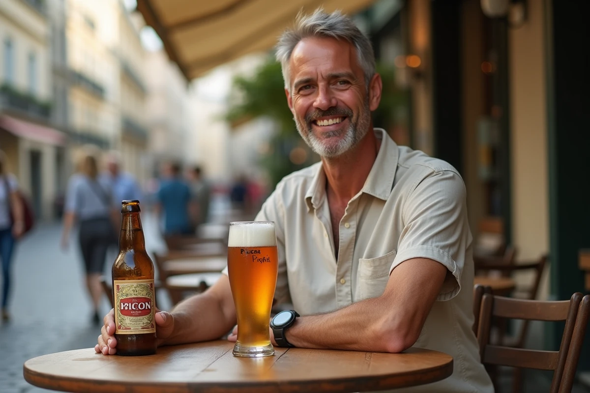 Homme dégustant un Picon bière en terrasse d'un café traditionnel français, verre ambré condensé sur table en bois