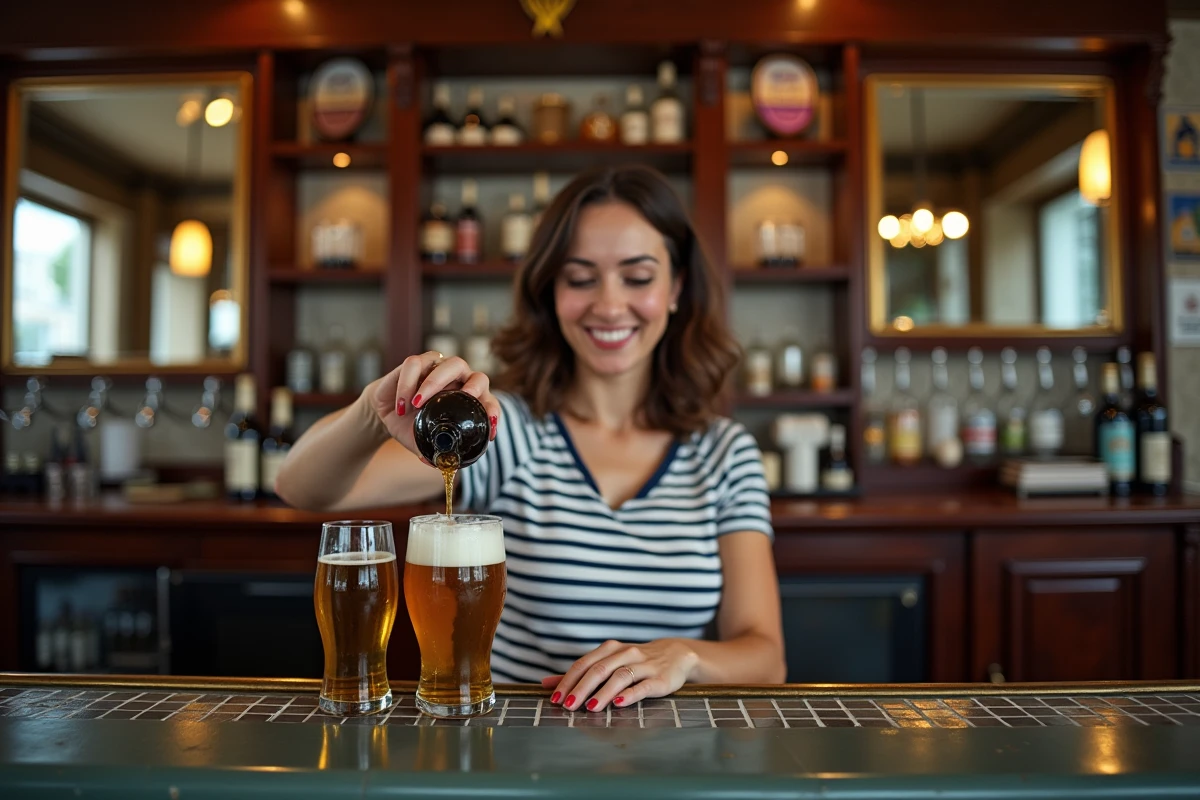 Femme préparant un Picon bière au comptoir d'une brasserie française traditionnelle avec décor zinc et miroirs vintage