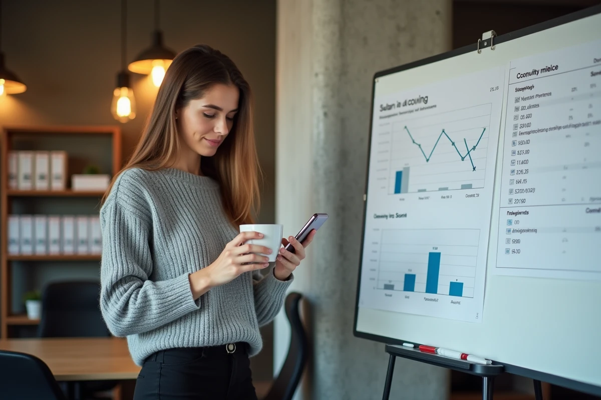 Jeune professionnelle en comptabilité comparant les salaires de débutants sur smartphone dans un espace de coworking