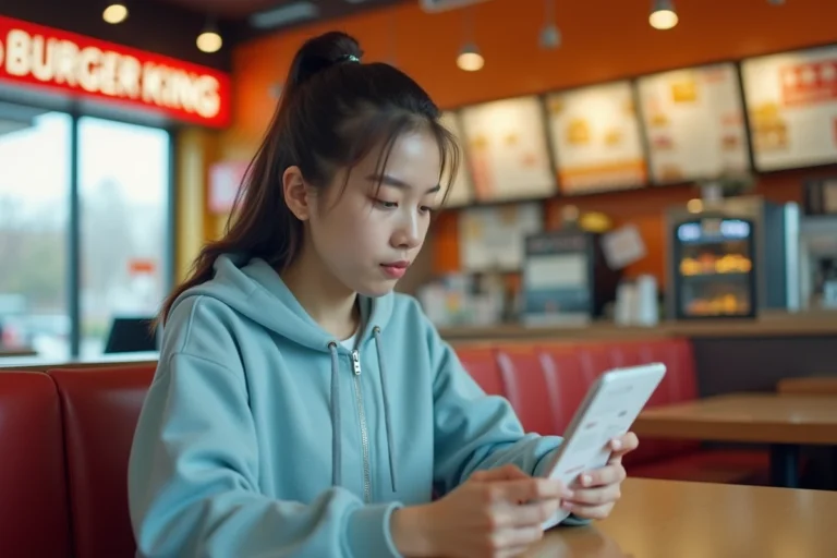 Femme remplissant le questionnaire de satisfaction Burger King bkvousecoute.fr sur smartphone avec son ticket de caisse