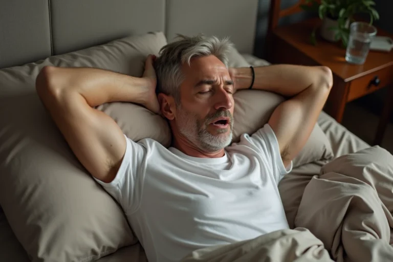 Couple dans une chambre à coucher, homme ronflant sur le dos et femme réveillée par le bruit, illustrant les troubles du sommeil liés à la ronchopathie