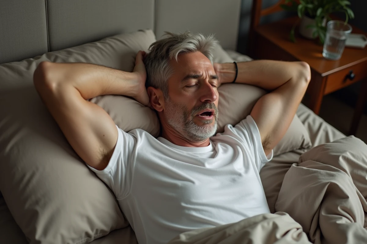 Couple dans une chambre à coucher, homme ronflant sur le dos et femme réveillée par le bruit, illustrant les troubles du sommeil liés à la ronchopathie