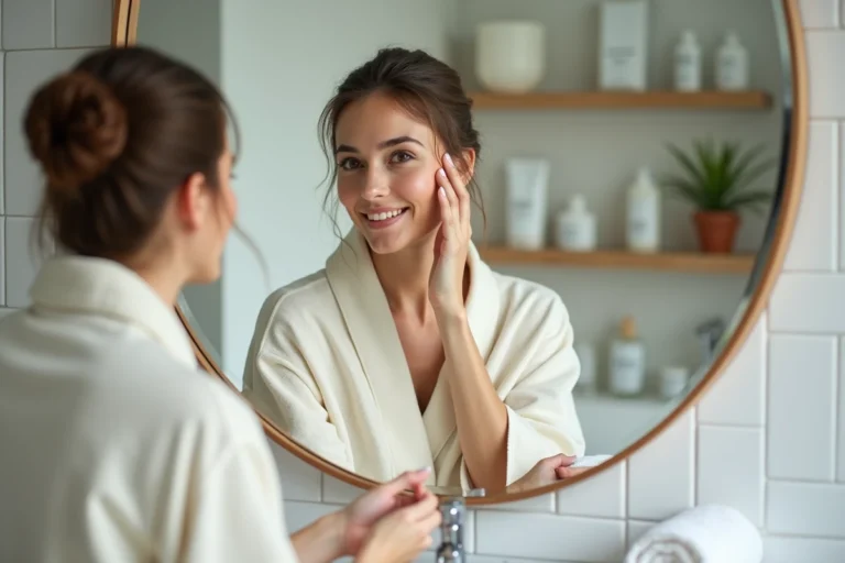 Femme appliquant un sérum sur son visage devant un miroir dans une salle de bain moderne avec des produits de soin minimalistes