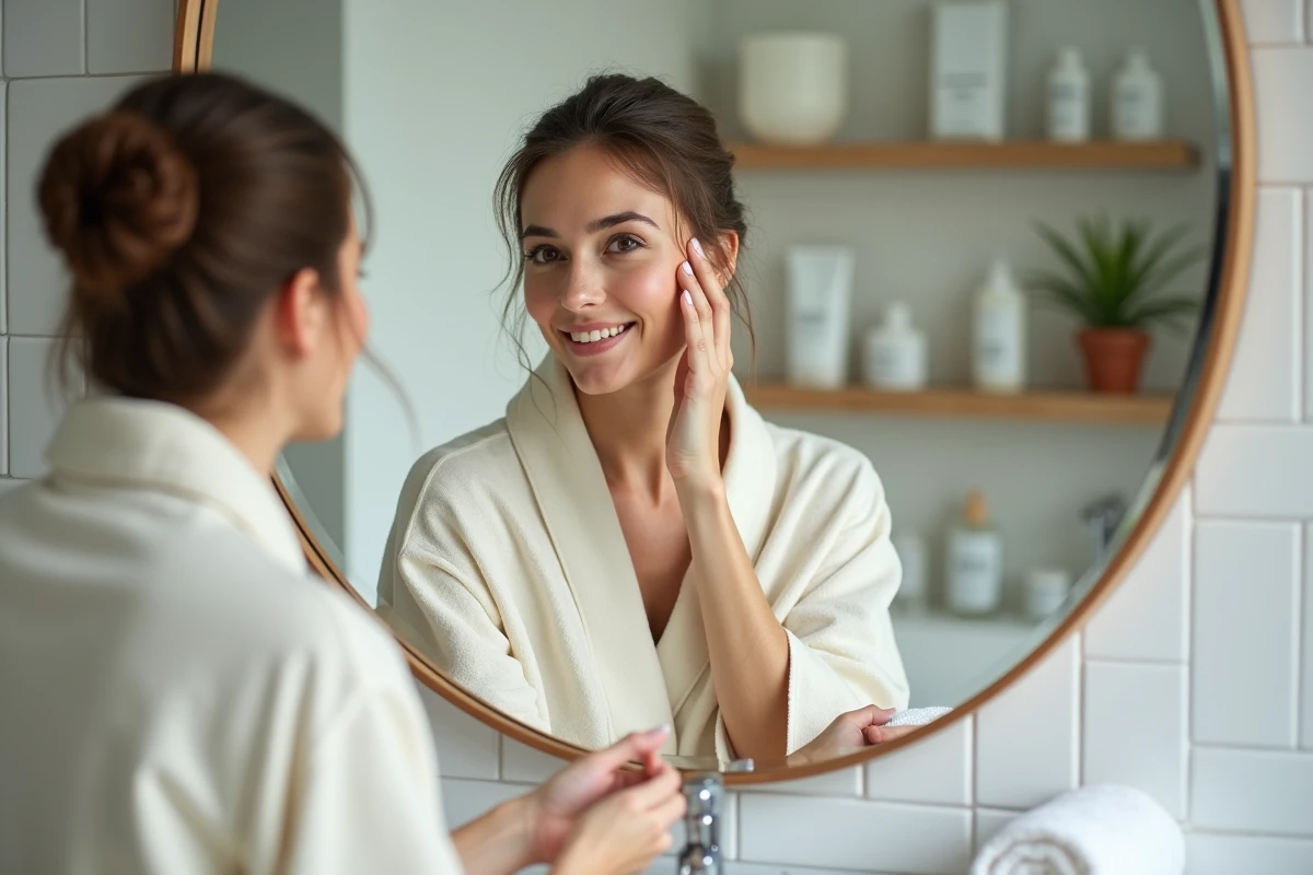 Femme appliquant un sérum sur son visage devant un miroir dans une salle de bain moderne avec des produits de soin minimalistes