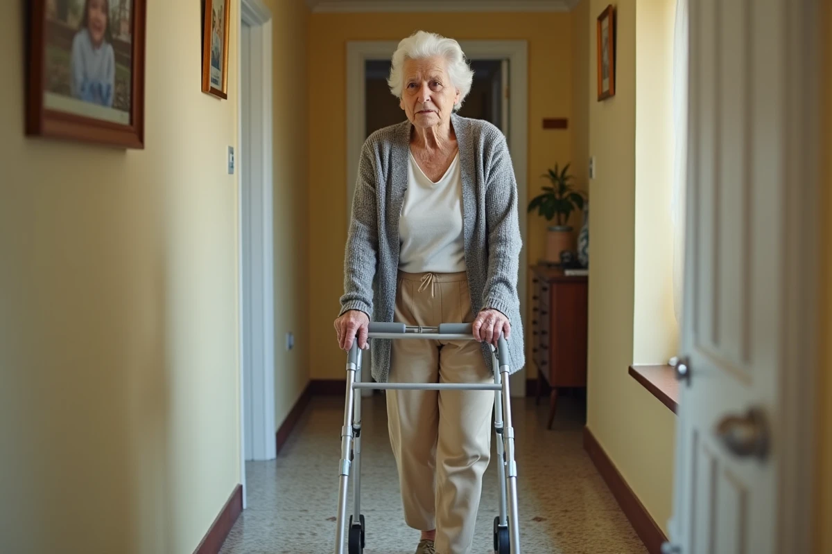 Femme âgée marchant avec un déambulateur à domicile pendant la guérison d'une fracture du bassin