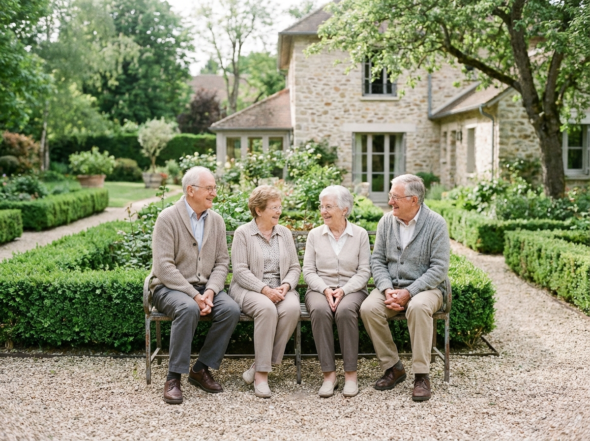 Quatre seniors profitent d un moment dans un jardin