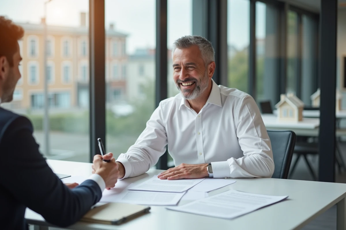 Homme signant un contrat immobilier dans une agence moderne lors d'une transaction sereine