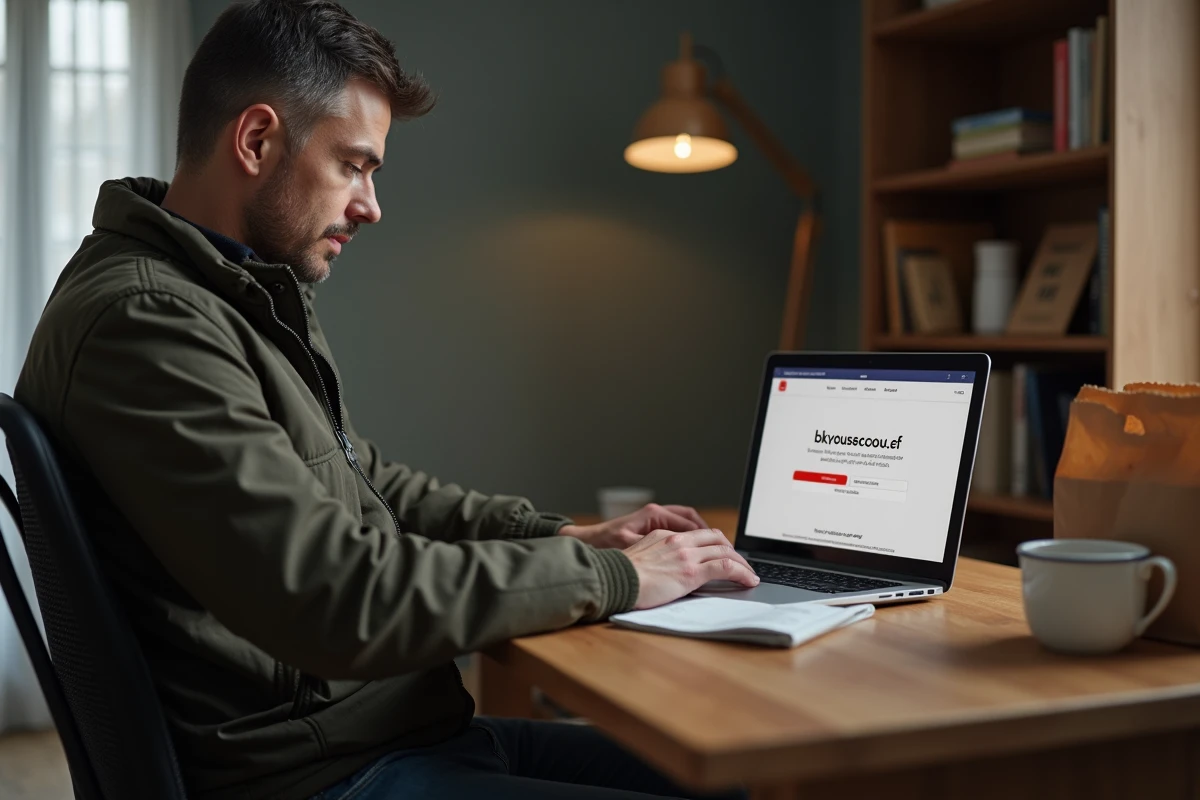 Homme complétant le sondage bkvousecoute.fr sur ordinateur portable avec reçu Burger King posé sur le bureau