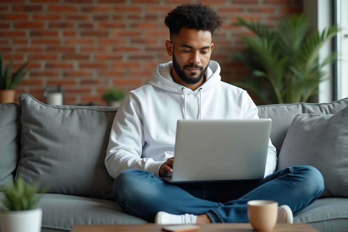 Jeune homme supprimant un logiciel antivirus sur un ordinateur portable dans un salon moderne