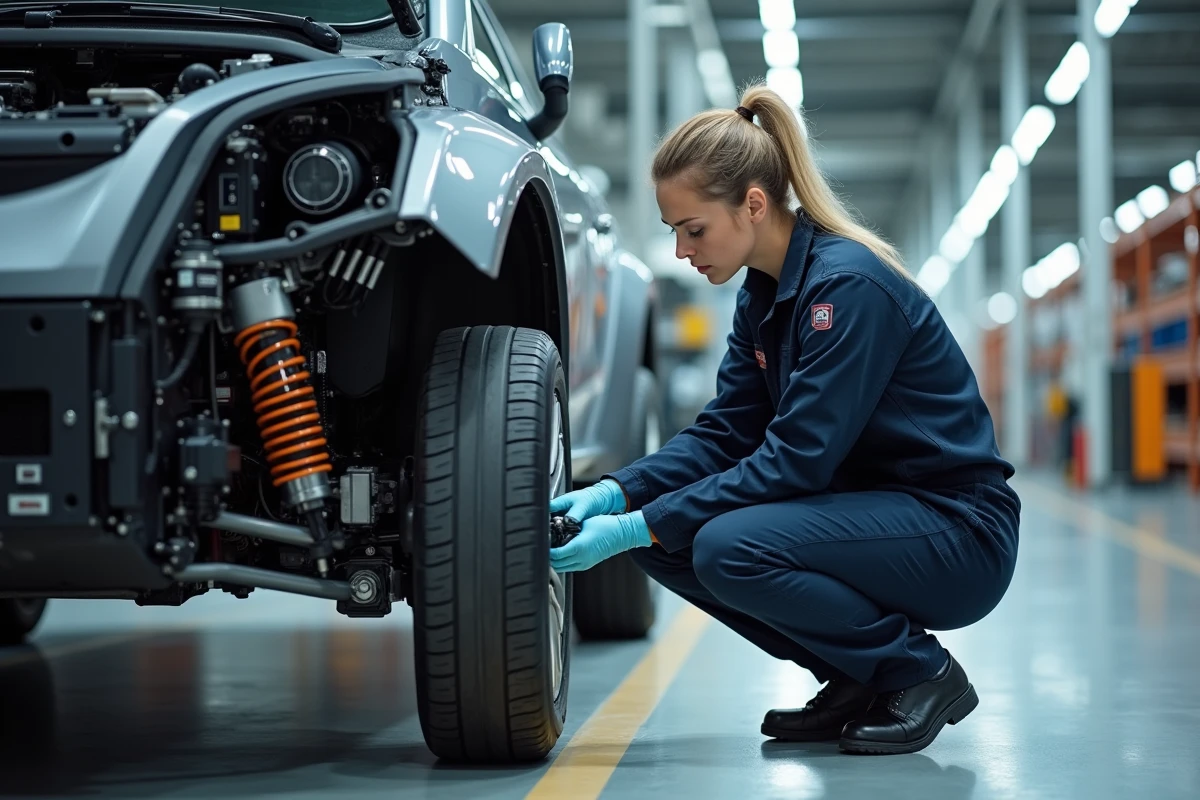 Technicienne automobile installant des capteurs autonomes sur le châssis d'un véhicule dans une usine de production moderne