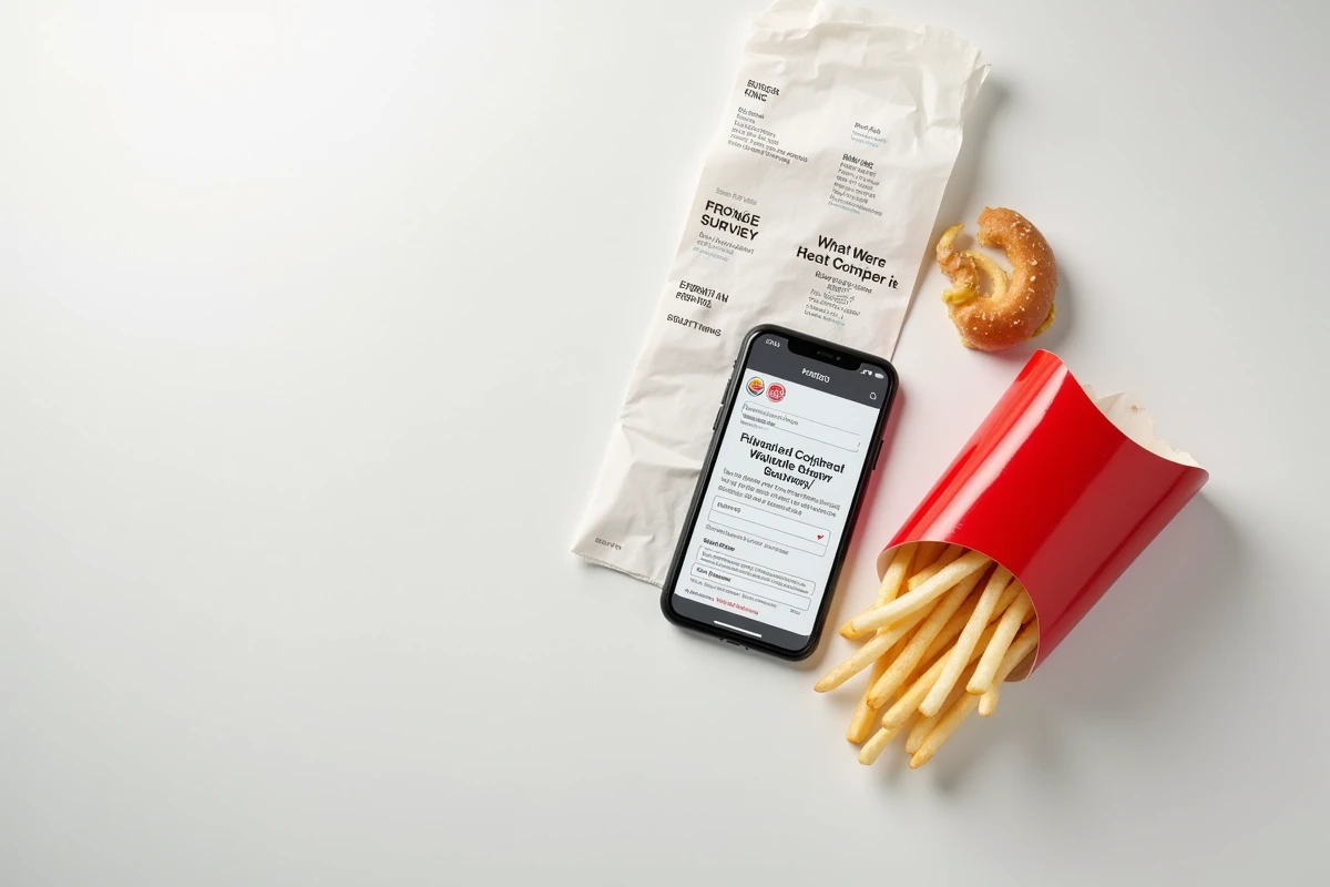 Vue du dessus d'un ticket de caisse Burger King posé à côté d'un smartphone ouvert sur le questionnaire bkvousecoute.fr