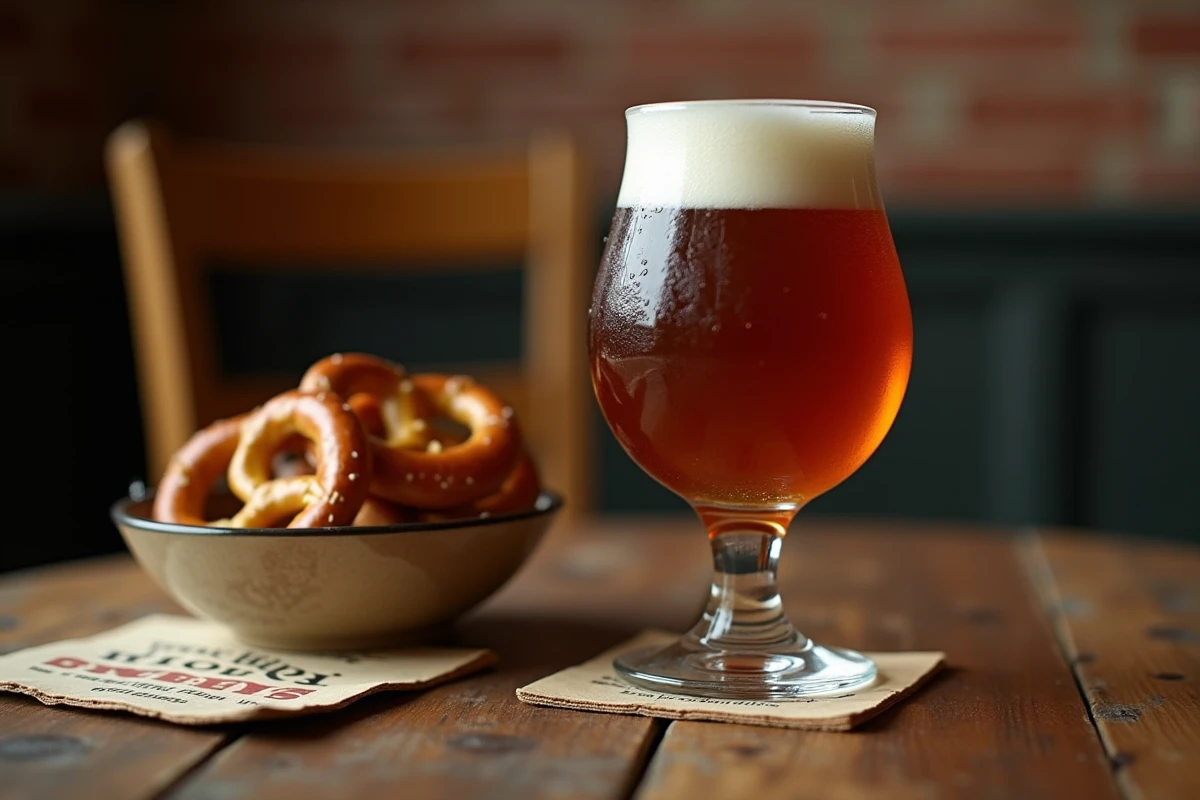Gros plan d'un verre de Picon bière ambré avec mousse crémeuse, bretzels et sous-verre vintage sur table en bois rustique